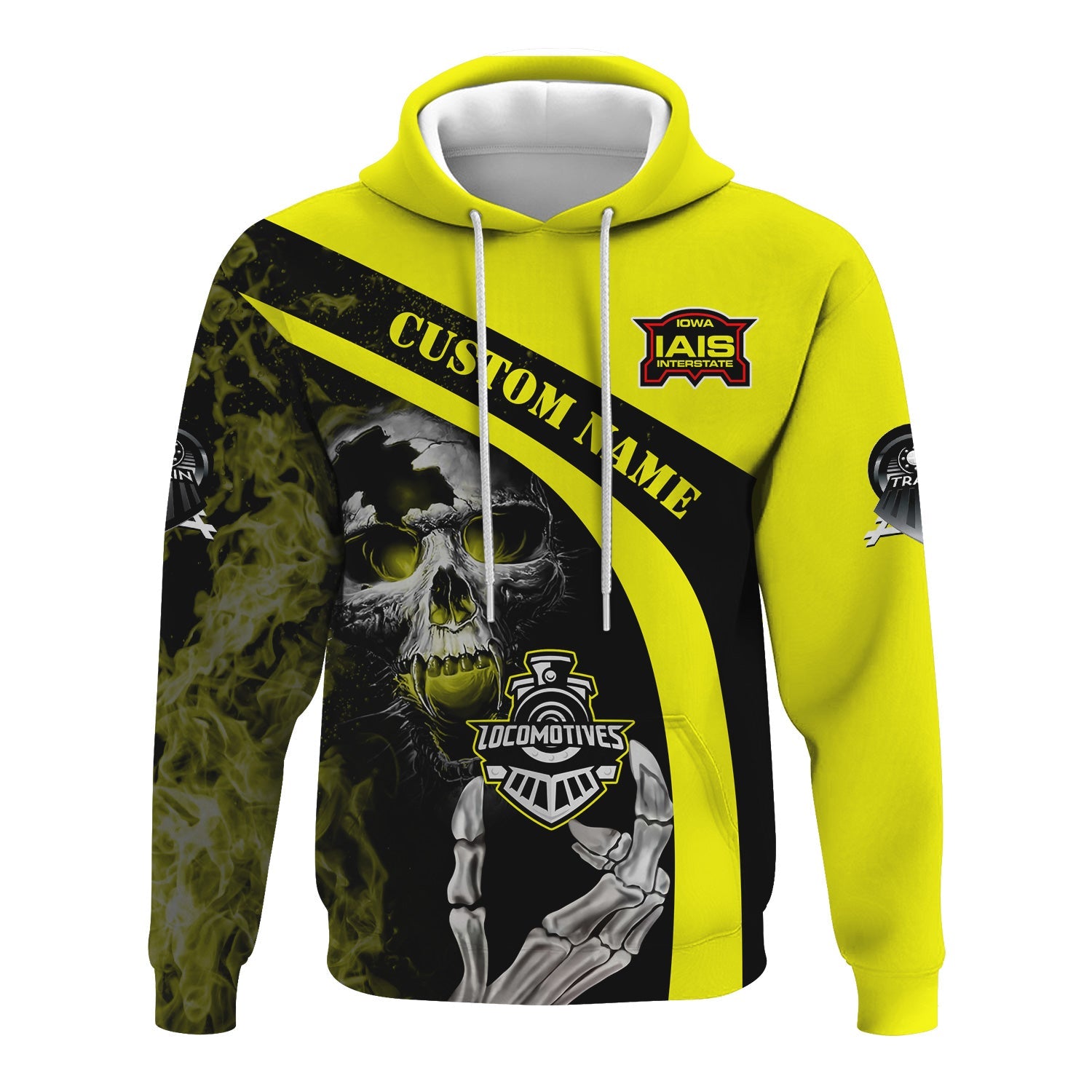 Railspirit Personalized Iowa Interstate Railroad Hoodie Flame Skull Design IAIS Train Zip Up Hoodie for Locomotive Fans