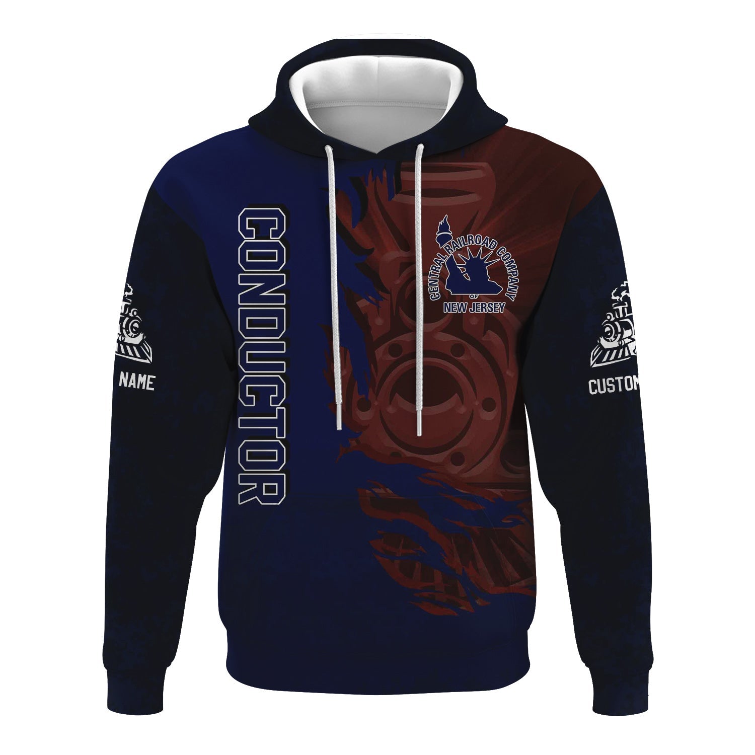 Railspirit Personalized Jersey Central Railroad Hoodie Blazing Style with Custom Position CNJ Train Zip Up Hoodie