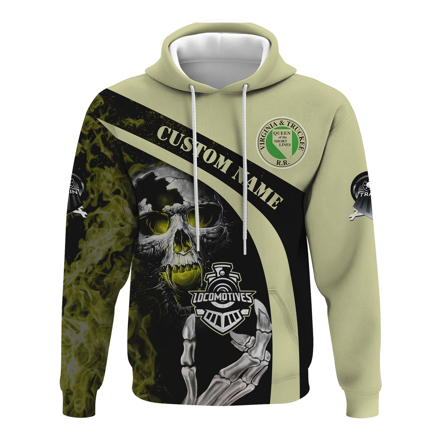 Railspirit Personalized Virginia & Truckee Railroad Hoodie Flame Skull Design Train Zip Up Hoodie for Locomotive Fans