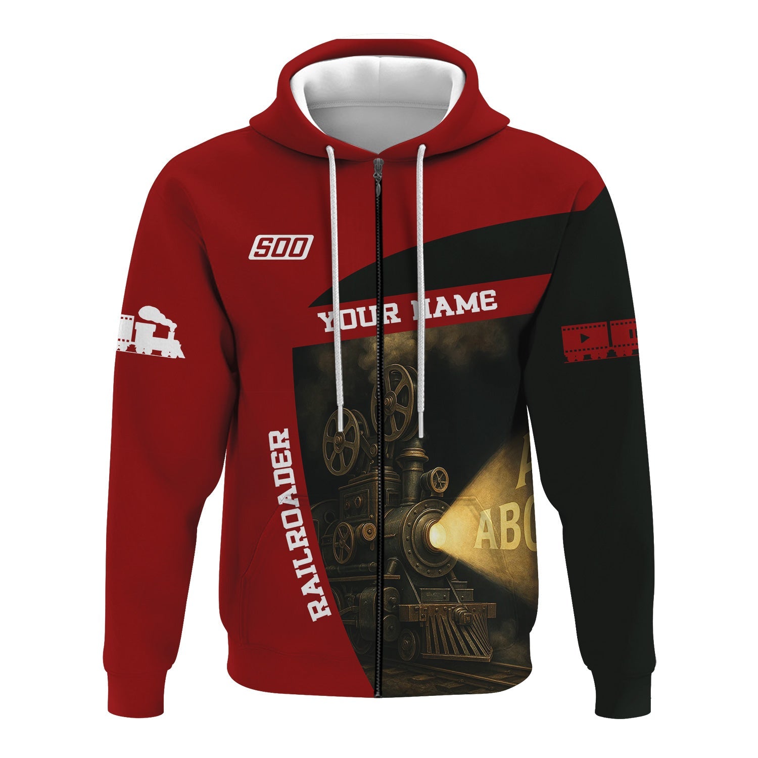 Railspirit Personalized Soo Line Railroad Hoodie All Aboard Steam Train Movie Projector Style Zip Up Hoodie