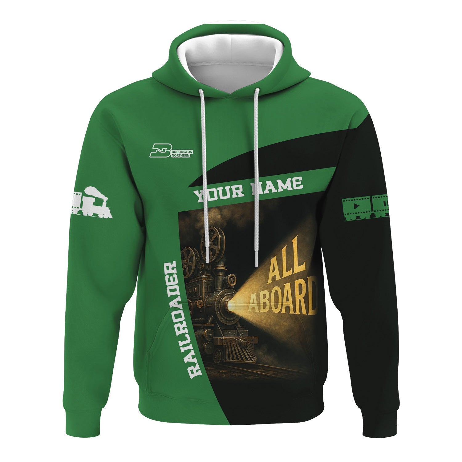 Railspirit Personalized Burlington Northern Railroad Hoodie All Aboard Steam Train Movie Projector Style Zip Up Hoodie