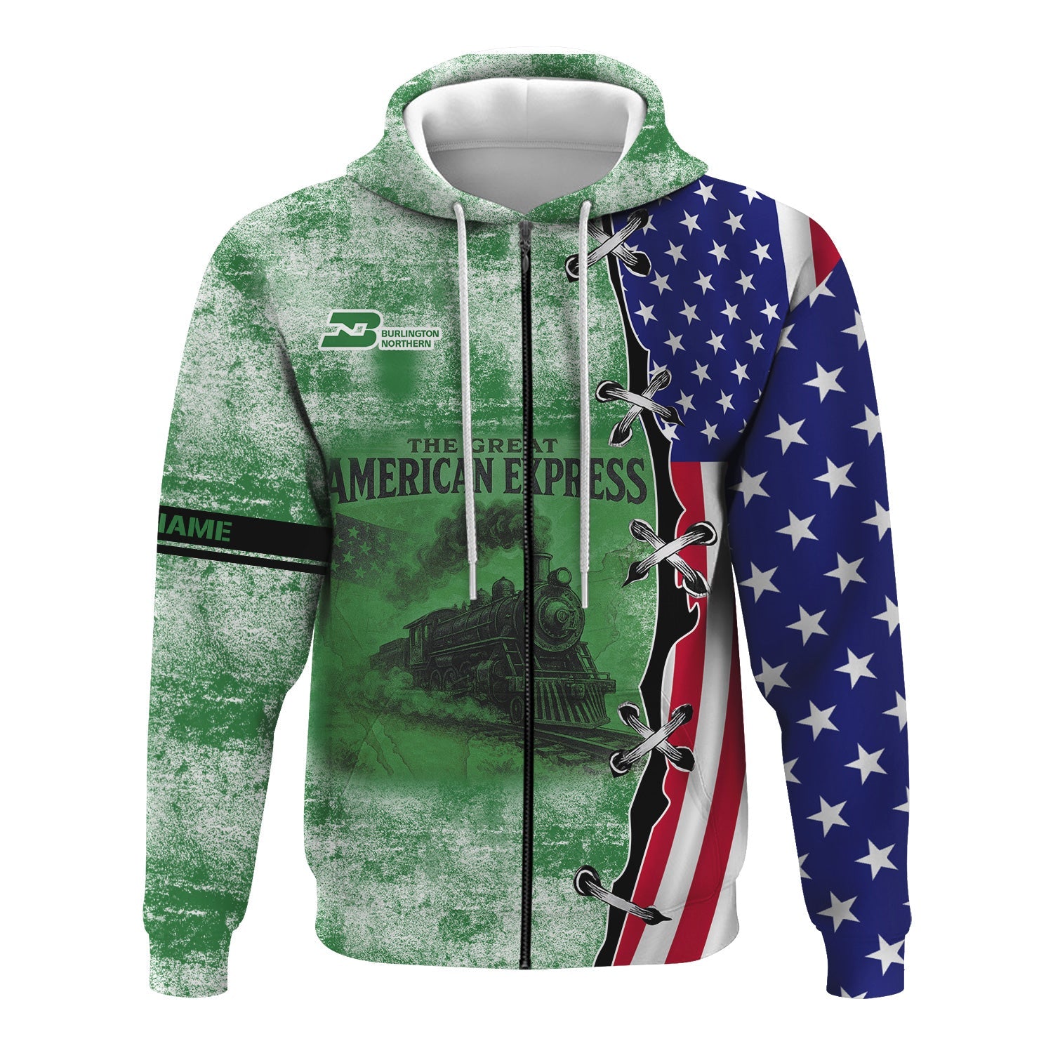 Railspirit Personalized Burlington Northern Railroad Hoodie Retro American Express Train With USA Flag Zip Up Hoodie