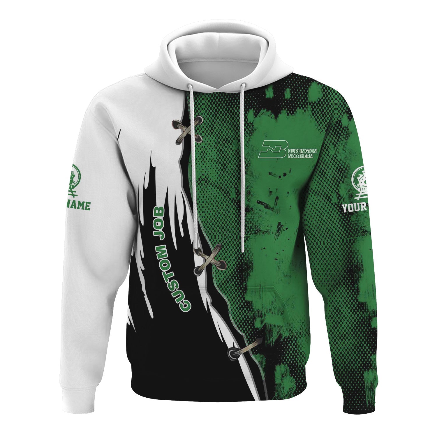 Railspirit Personalized Burlington Northern Railroad Hoodie Retro Stitches Design with Custom Position Train Zip Up Hoodie