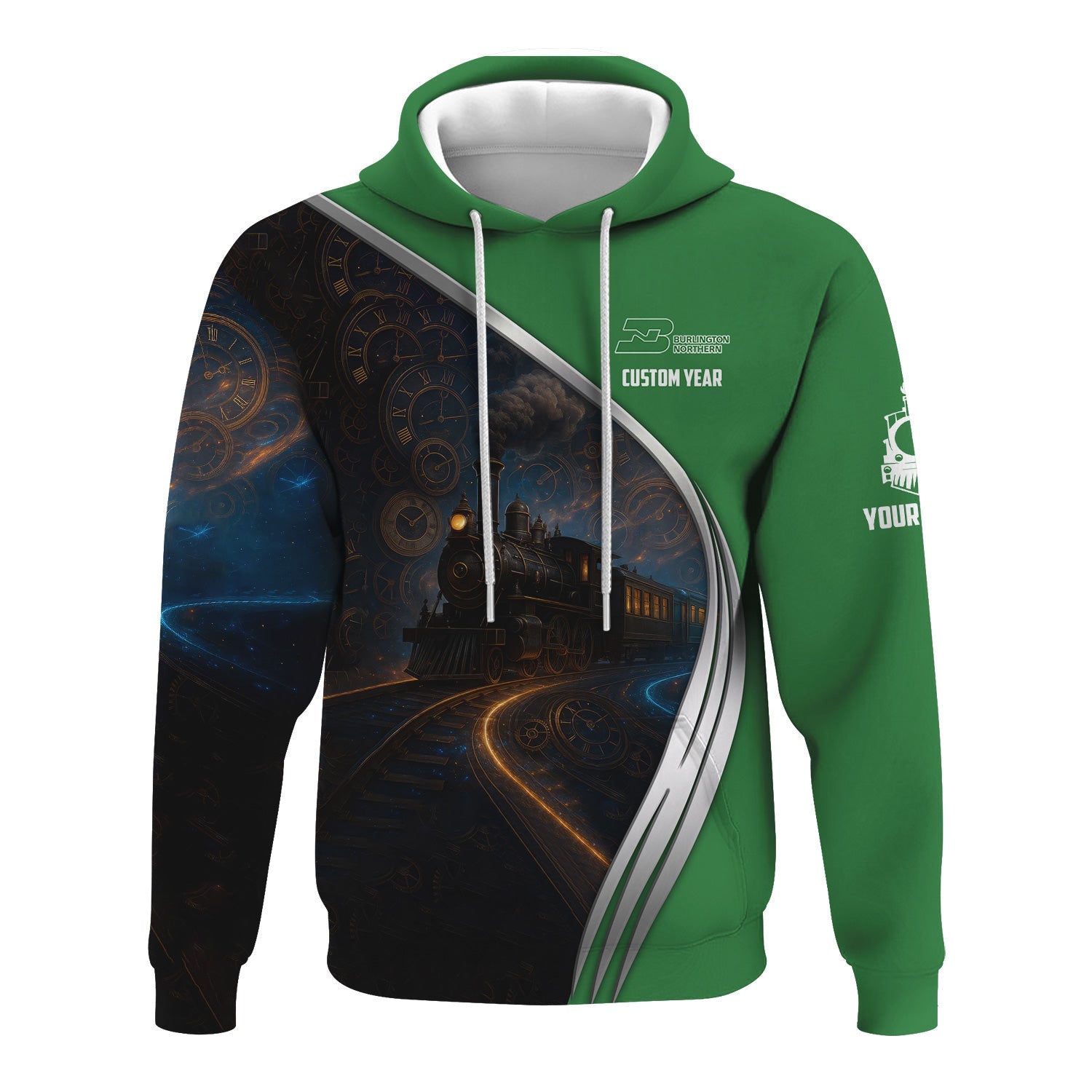 Railspirit Personalized Burlington Northern Railroad Hoodie Steampunk Locomotive with Custom Year Train Zip Up Hoodie