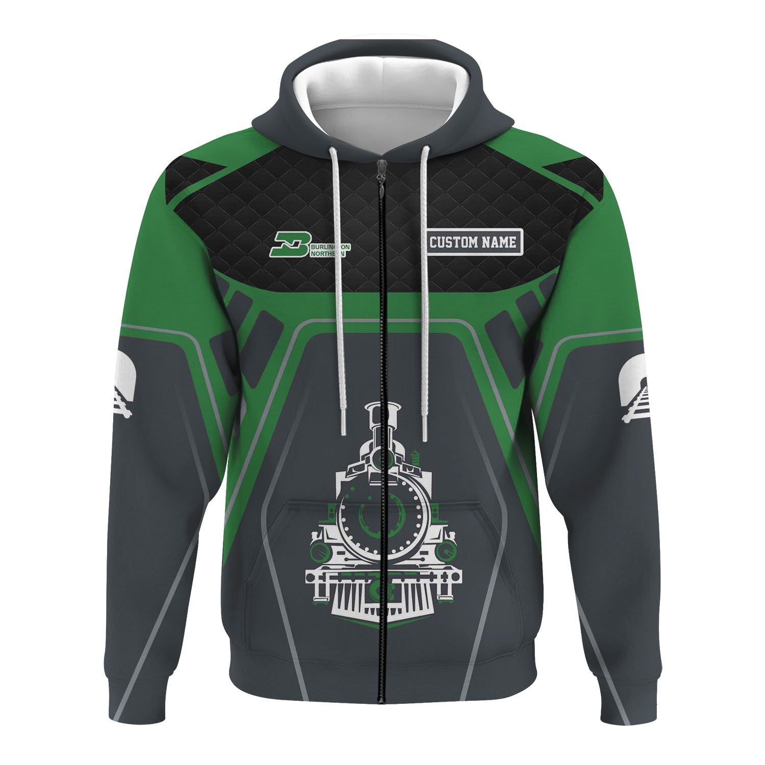 Railspirit Personalized Burlington Northern Railroad Hoodie Steam Locomotive Engine Graphic Train Zip Up Hoodie All Over Print