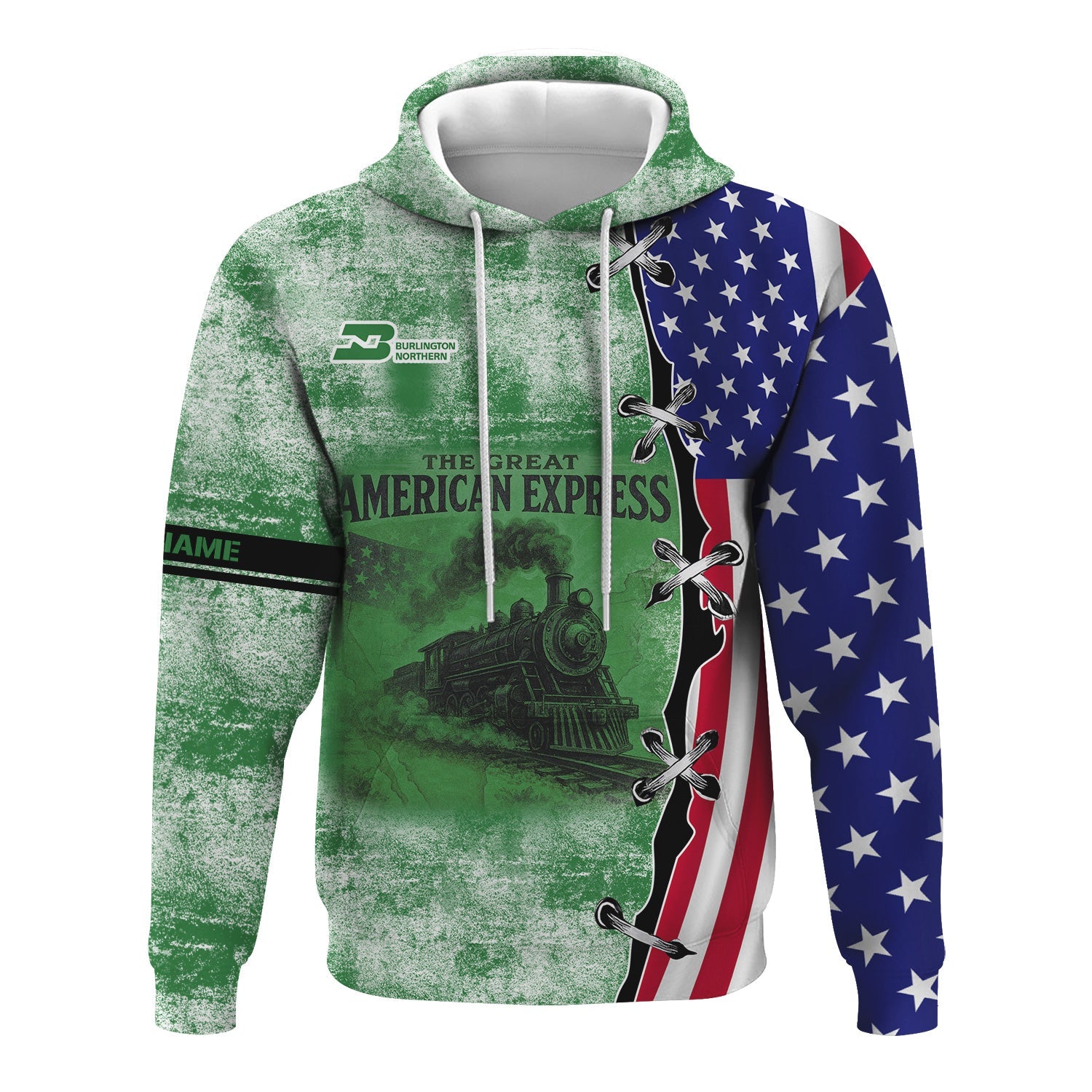 Railspirit Personalized Burlington Northern Railroad Hoodie Retro American Express Train With USA Flag Zip Up Hoodie