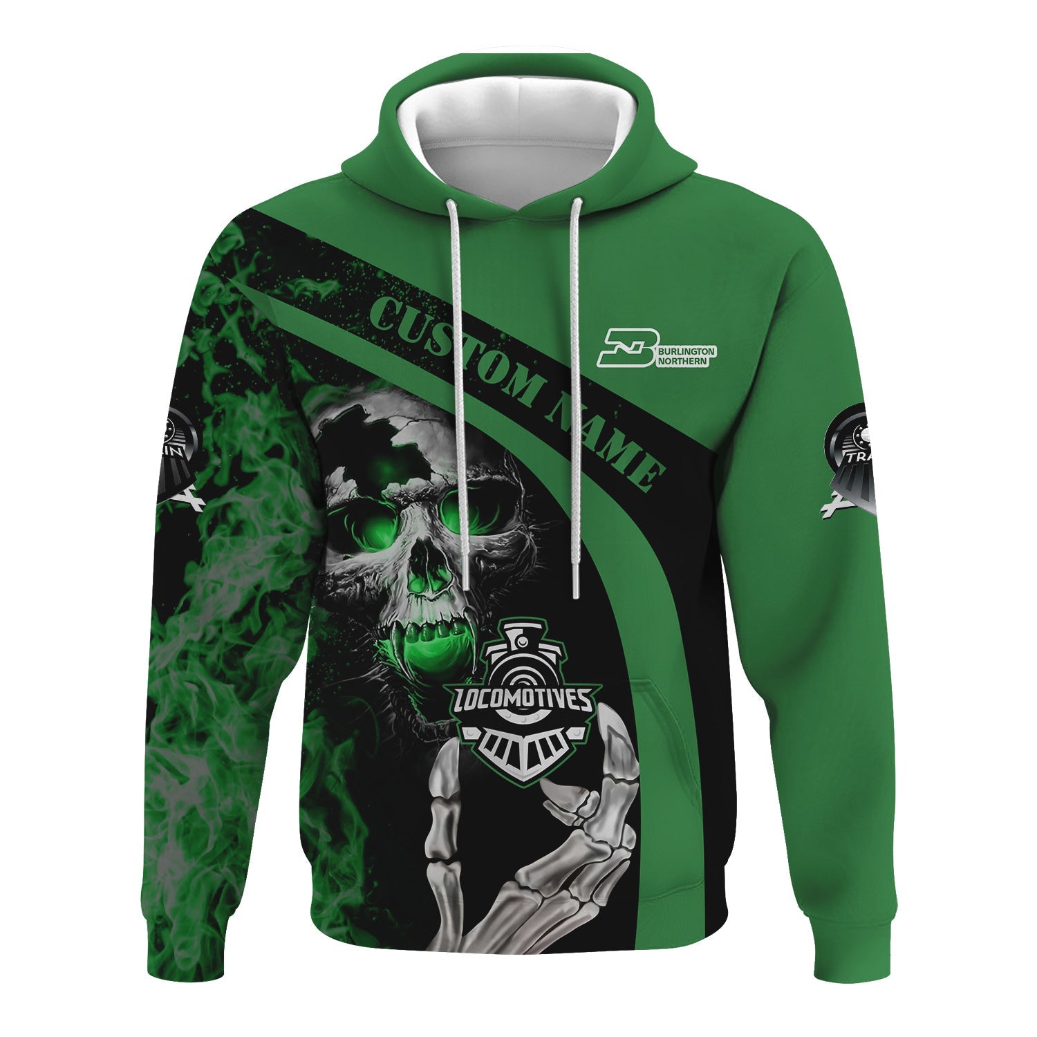 Railspirit Personalized Burlington Northern Railroad Hoodie Flame Skull Design Train Zip Up Hoodie for Locomotive Fans