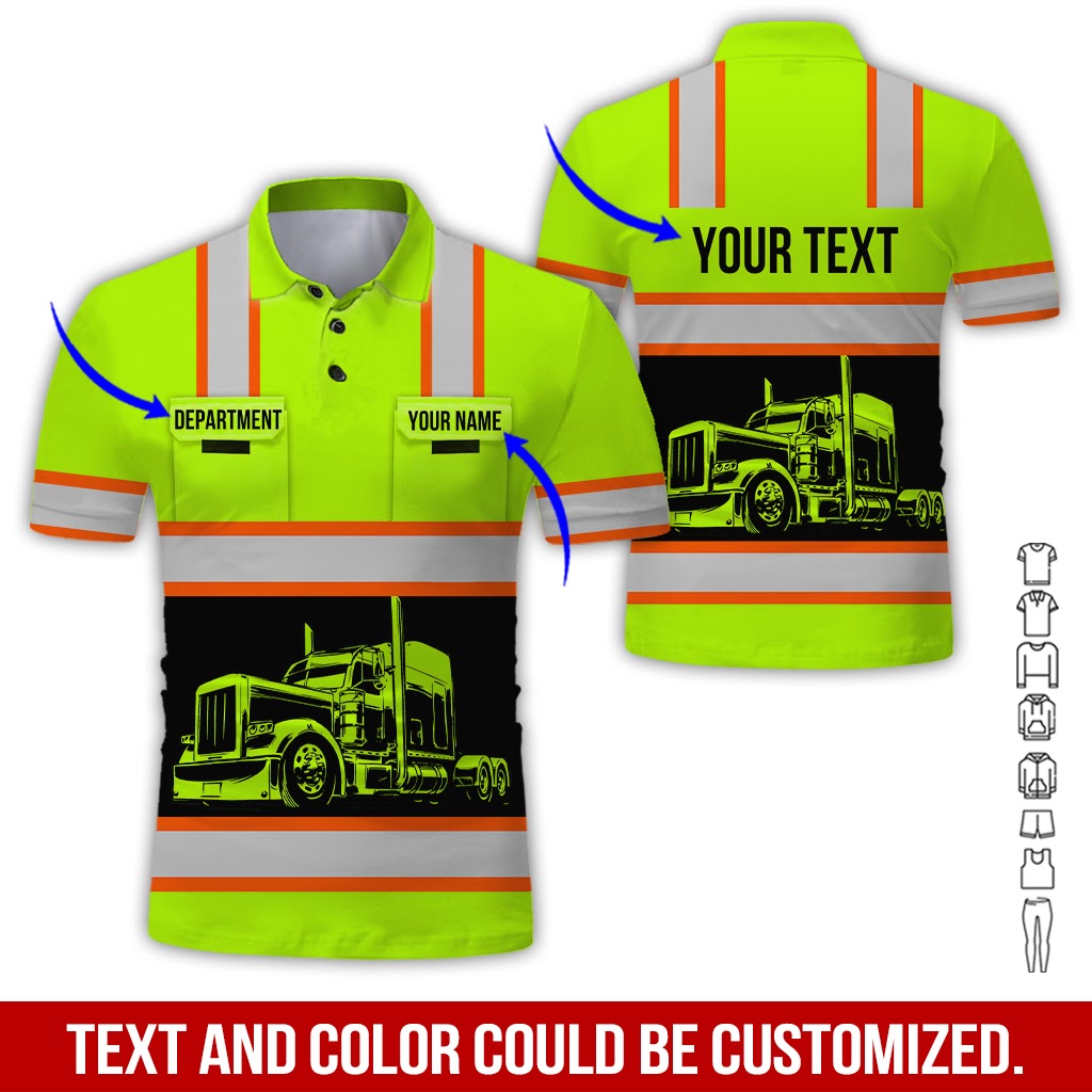 Custom Trucker Shirt, Great Gift for Driver or Husband,  Unique Green Yellow Apparel Clothing, Printed Poket Shirt