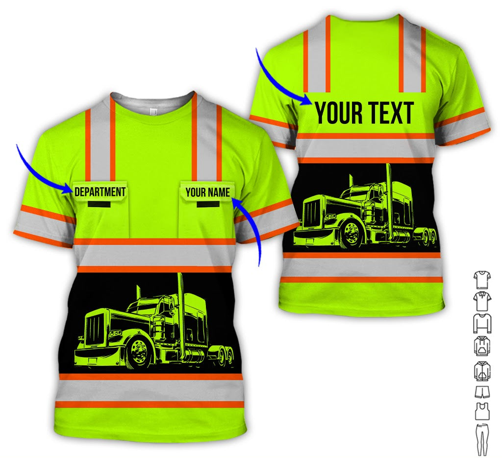 Custom Trucker Shirt, Great Gift for Driver or Husband,  Unique Green Yellow Apparel Clothing, Printed Poket Shirt
