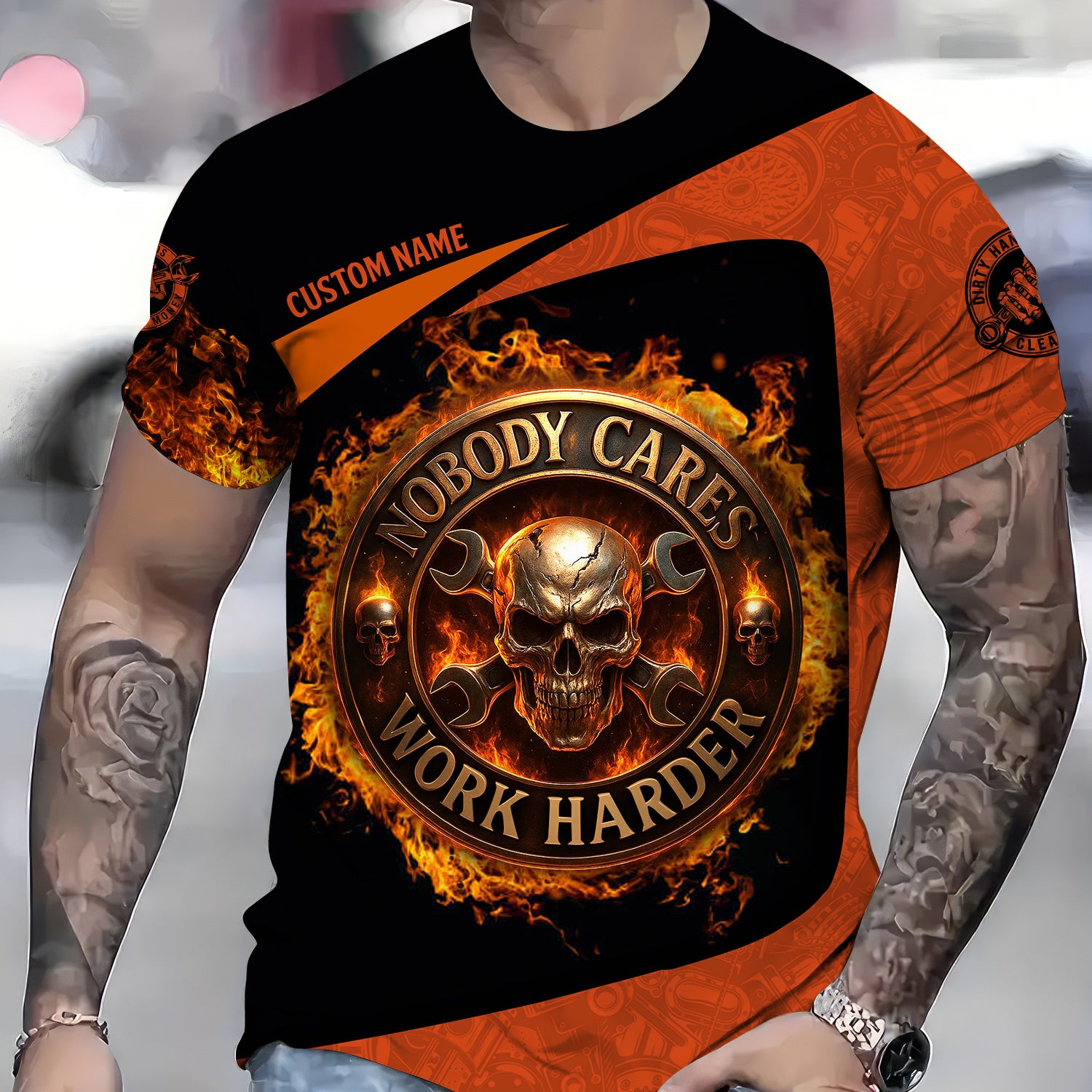 Personalized Mechanic Shirt, Nobody Cares Work Harder, Flame Skull Design, Gift For Men