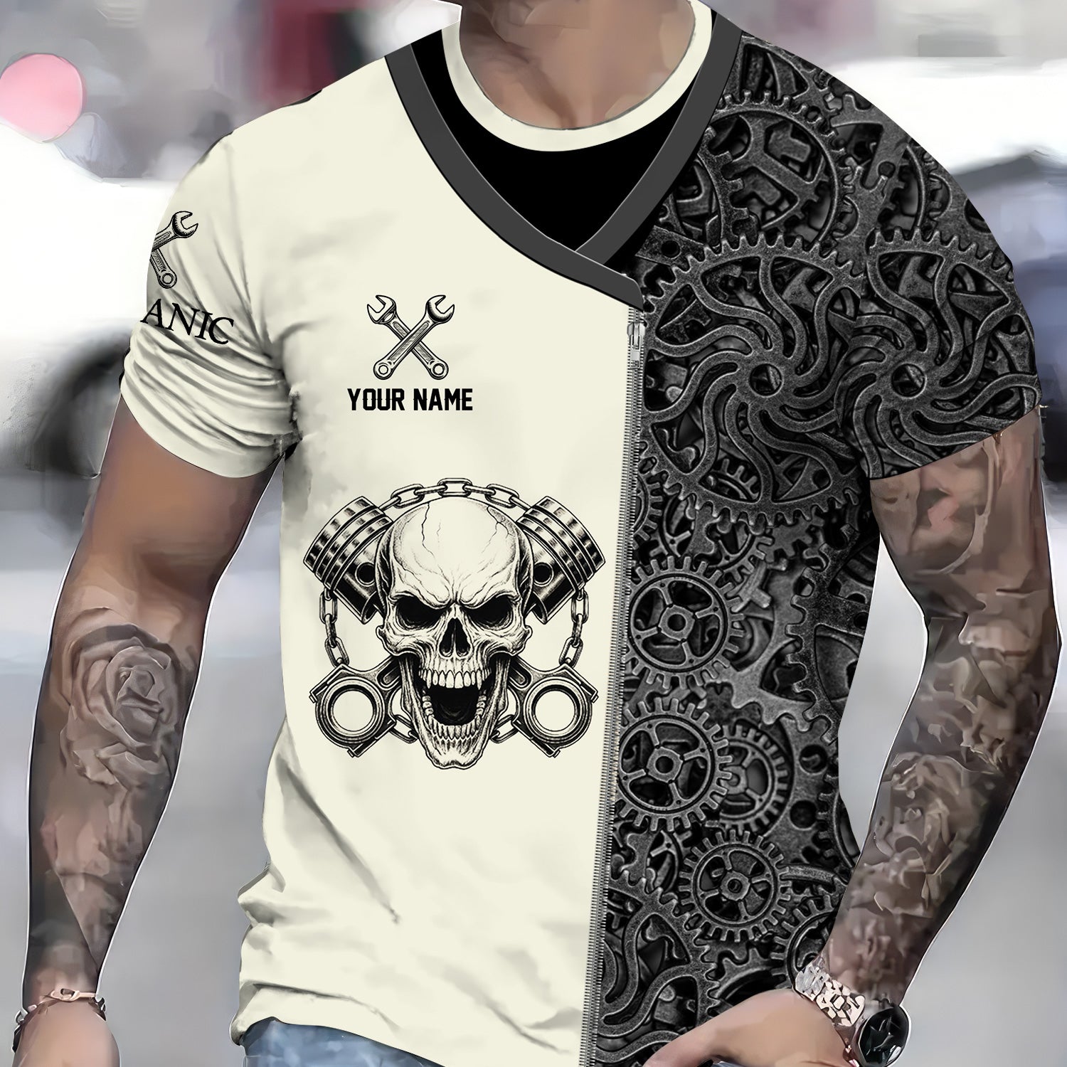 Custom Name Mechanic Shirt Skull with Engine Piston Design Gear Pattern T Shirt All Over Printed