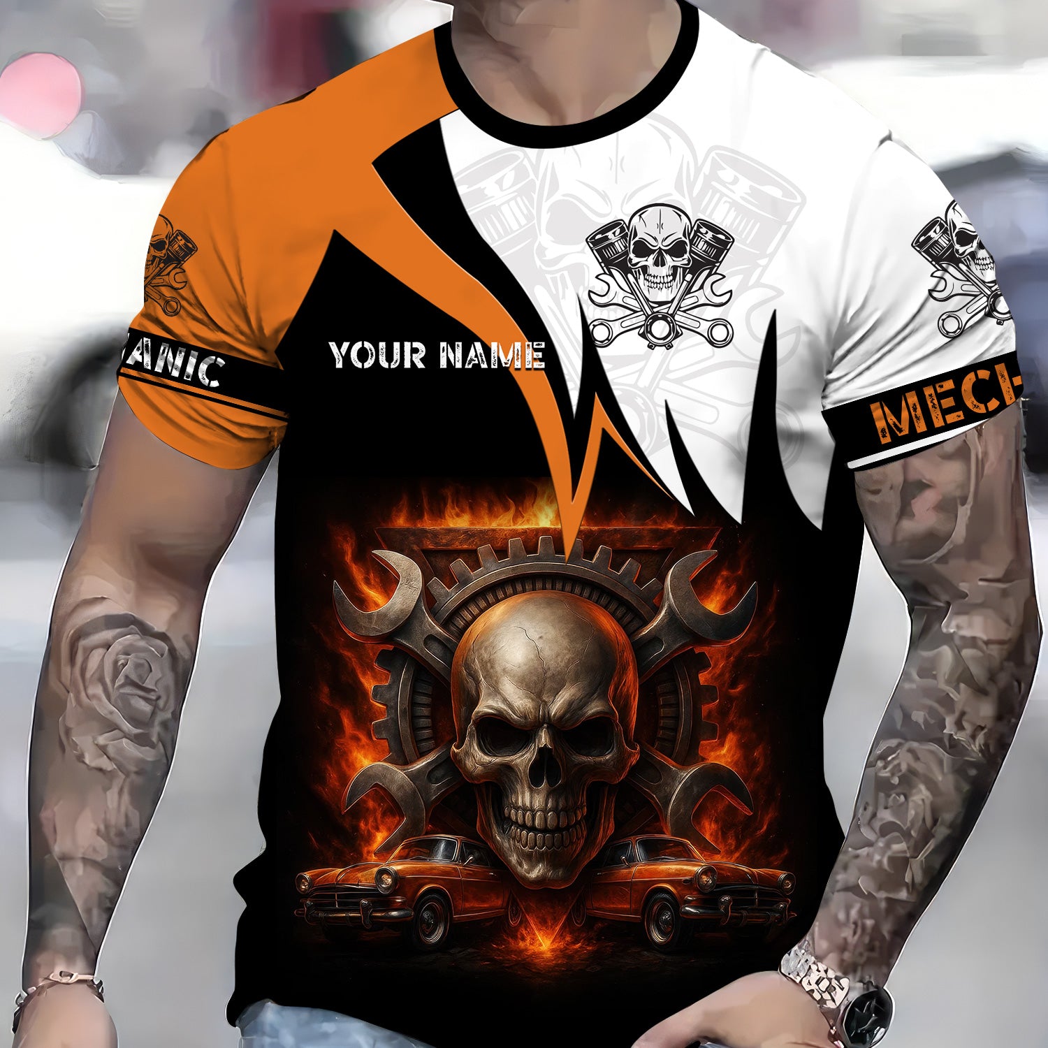 Custom Name Mechanic Shirt Flame Skull Wrench Gear Vintage Car Design T Shirt