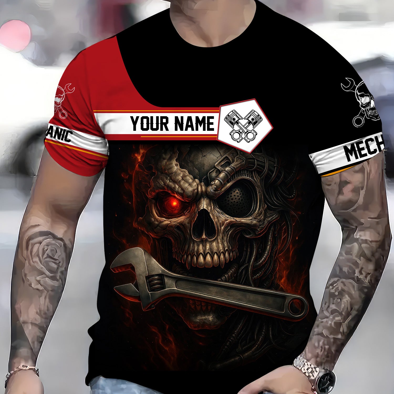 Custom Name Mechanic Shirt Cyber Skull with Wrench Design T Shirt