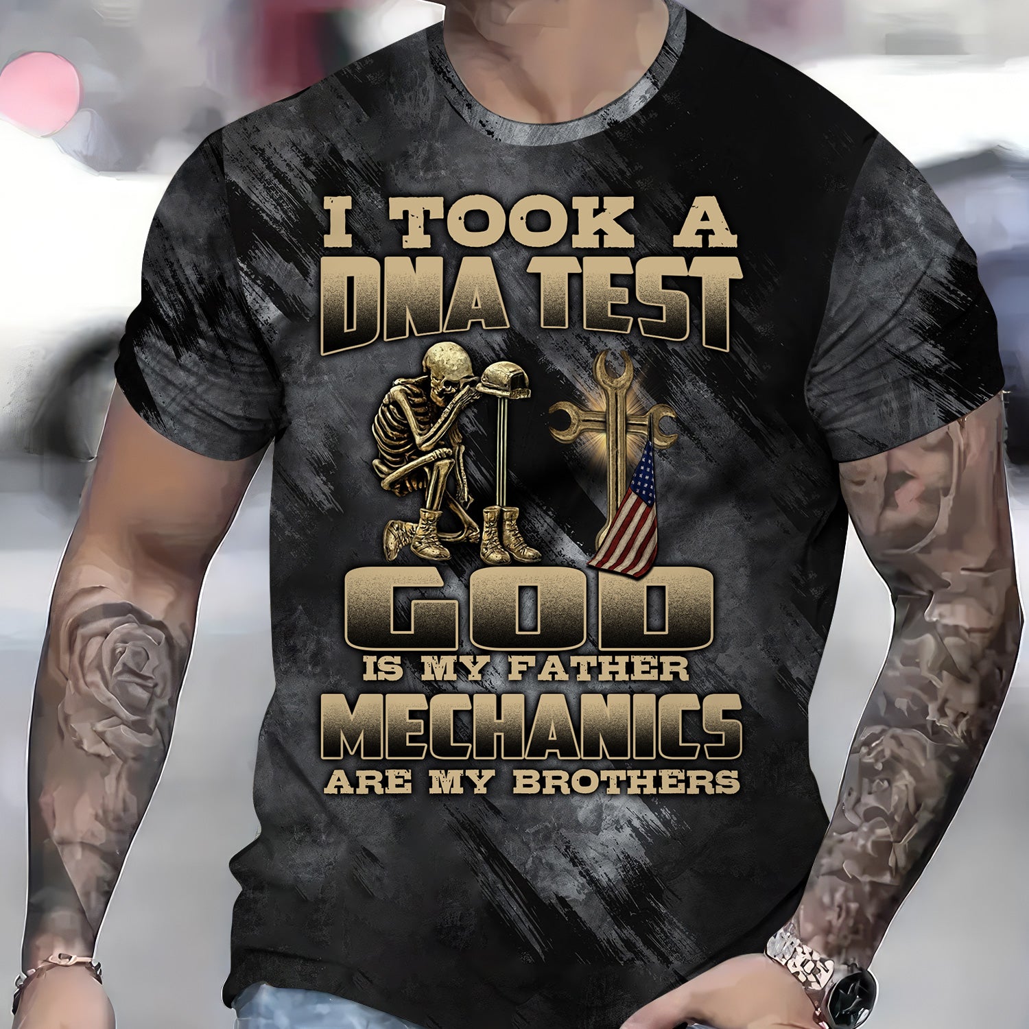 Mechanic T-Shirt, DNA Test Quote, God Father, Mechanics Brother, Funny Skeleton & Cross Design, Unique Gift for Mechanics & Fathers