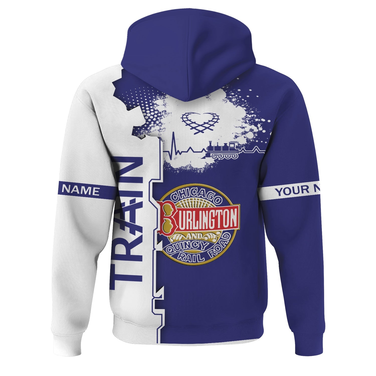 Railspirit Personalized Chicago, Burlington and Quincy Railroad Hoodie Engine Heartbeat and Track Love Style Zip Up Hoodie Gift Idea For Train Lovers