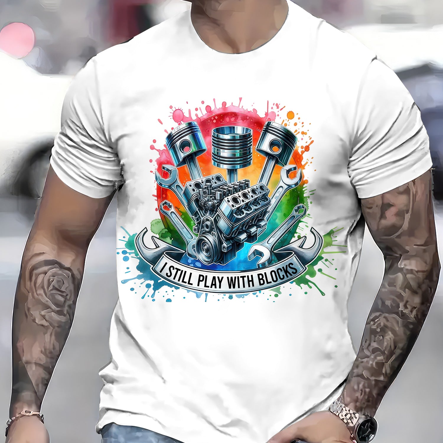 Mens Mechanic Shirt, Funny Engine Block Car Repair Graphic Tee with Pistons and Tools for Auto Repair Garage Technician Gift
