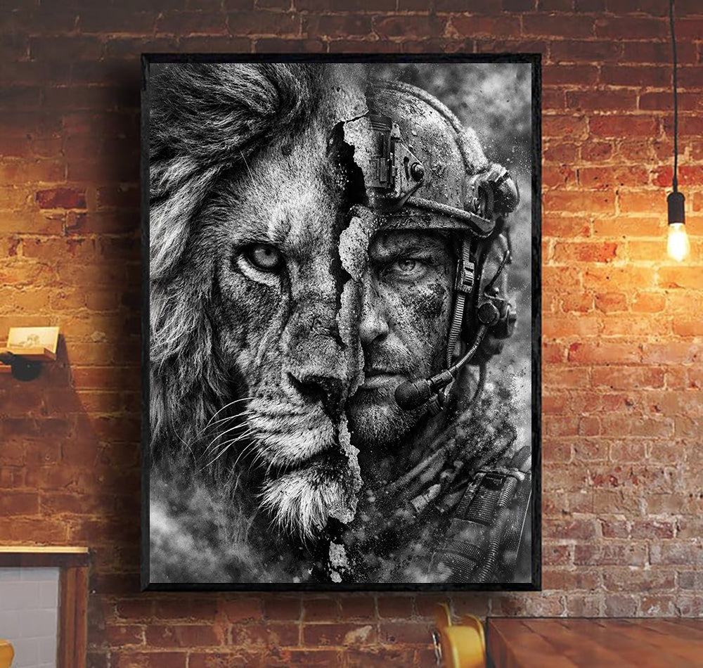Lion and Soldier Wall Art Canvas, Warrior Spirit Poster, Military Strength Decor, Masculine Office Wall Art, Black and White Lion Artwork