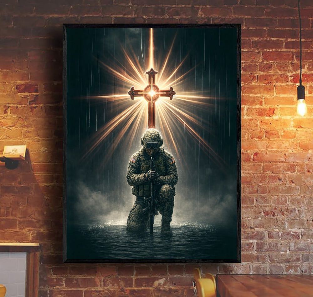 Christian Soldier Wall Art Canvas, Kneeling Warrior Under Glowing Cross, Faith Over Fear Military Canvas Print