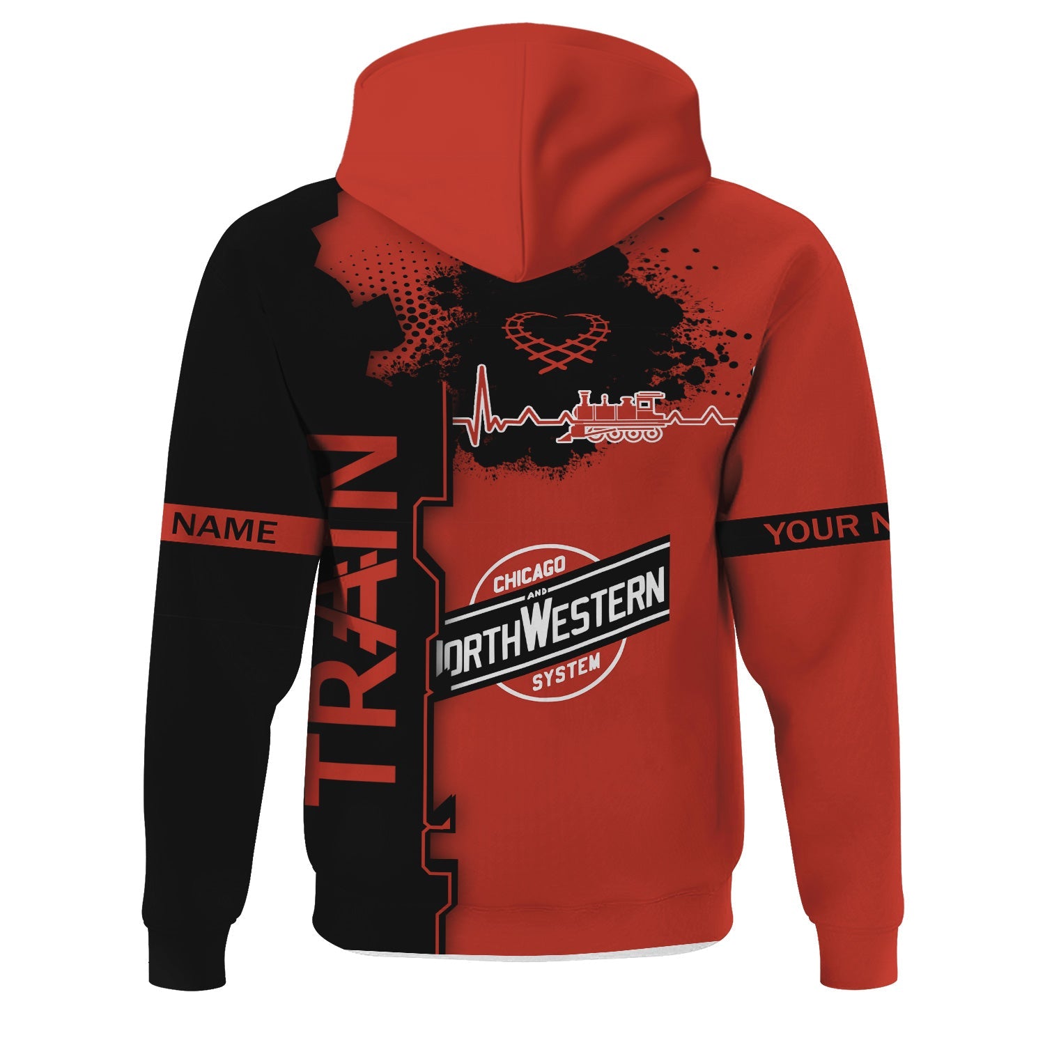 Railspirit Personalized Chicago and North Western Railway Hoodie Engine Heartbeat and Track Love Style Zip Up Hoodie Gift Idea For Train Lovers