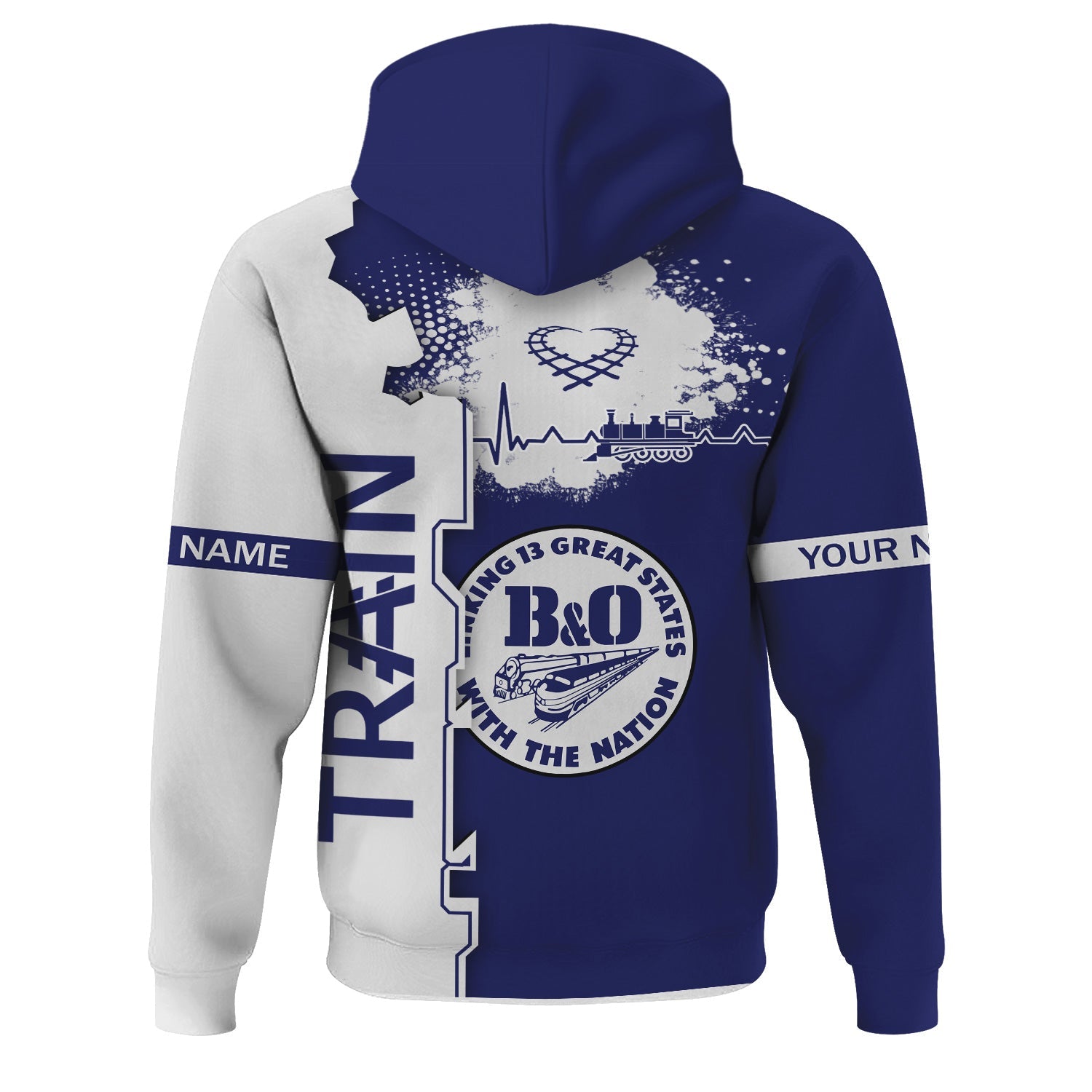 Railspirit Personalized B&O Great States Railroad Hoodie Engine Heartbeat and Track Love Style Zip Up Hoodie Gift Idea For Train Lovers