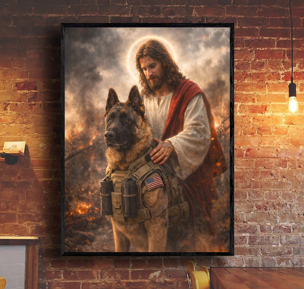 Jesus and Military Dog Wall Art, Christian Faith Canvas, German Shepherd Artwork, Patriotic Religious Home Decor