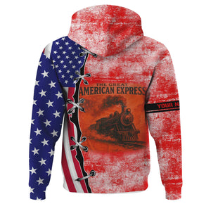 Railspirit Personalized Katy Railroad Hoodie Retro American Express Train With USA Flag Zip Up Hoodie
