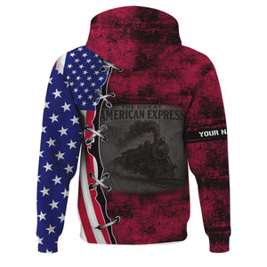 Railspirit Personalized Durango And Silverton Narrow Gauge Railroad Hoodie Retro American Express Train With USA Flag Zip Up Hoodie