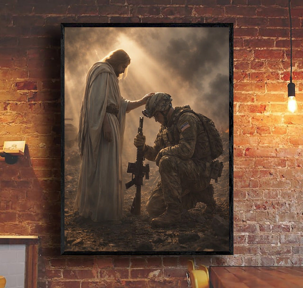 Jesus Blessing Soldier Wall Art Canvas, Christian Military Canvas Print, Faith & Veteran Decor, Gift for Veterans, Patriotic Home Decor