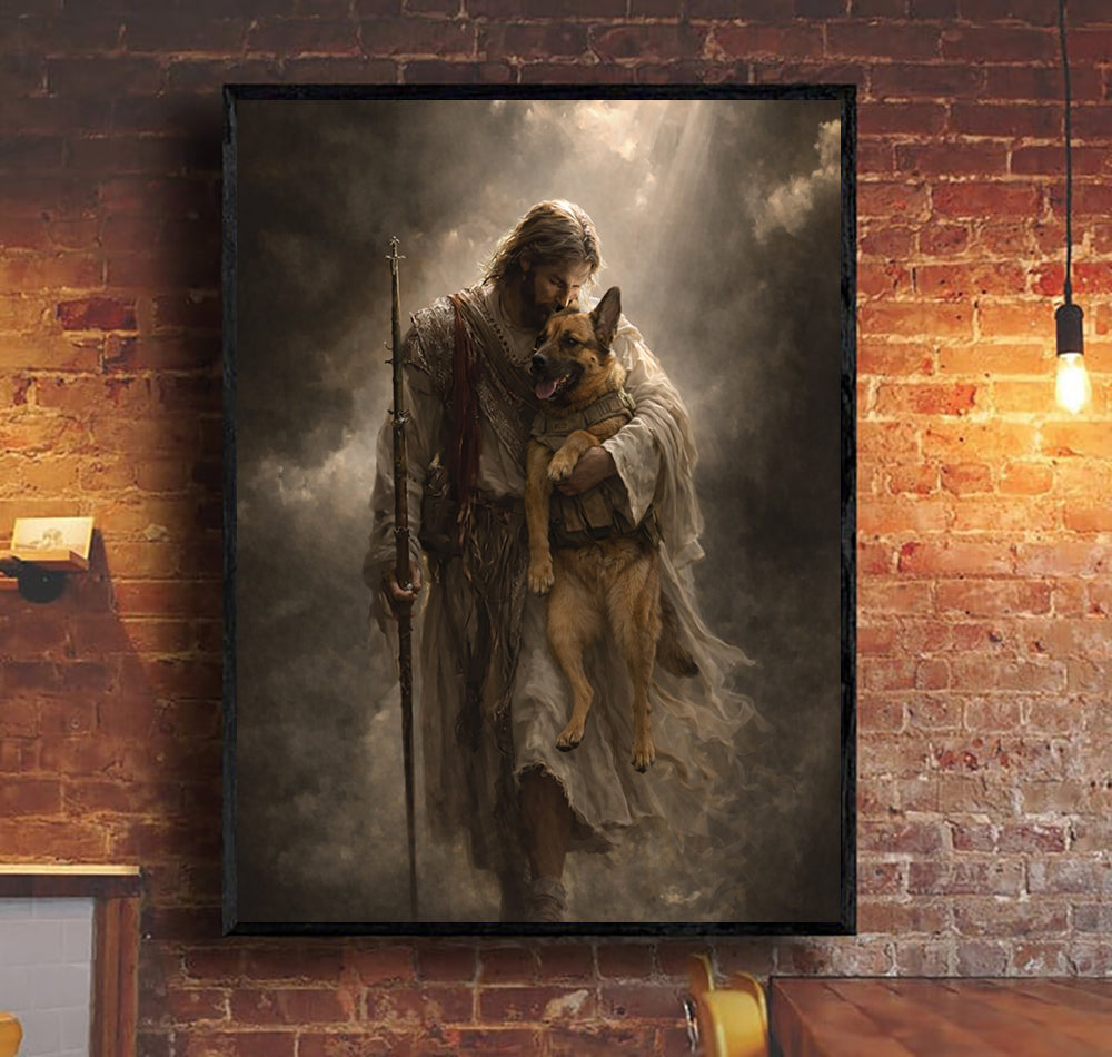Jesus Carrying Military Dog Wall Art Canvas, Christian Wall Art, German Shepherd K9 Soldier Poster, Faith Based Decor, Patriotic Veteran Gift