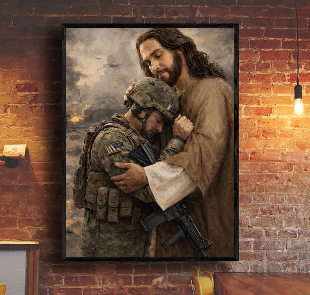 Jesus Embracing Soldier Wall Art, Christian Military Canvas Print, Faith Protection Artwork for Veterans, Spiritual Home Decor Gift