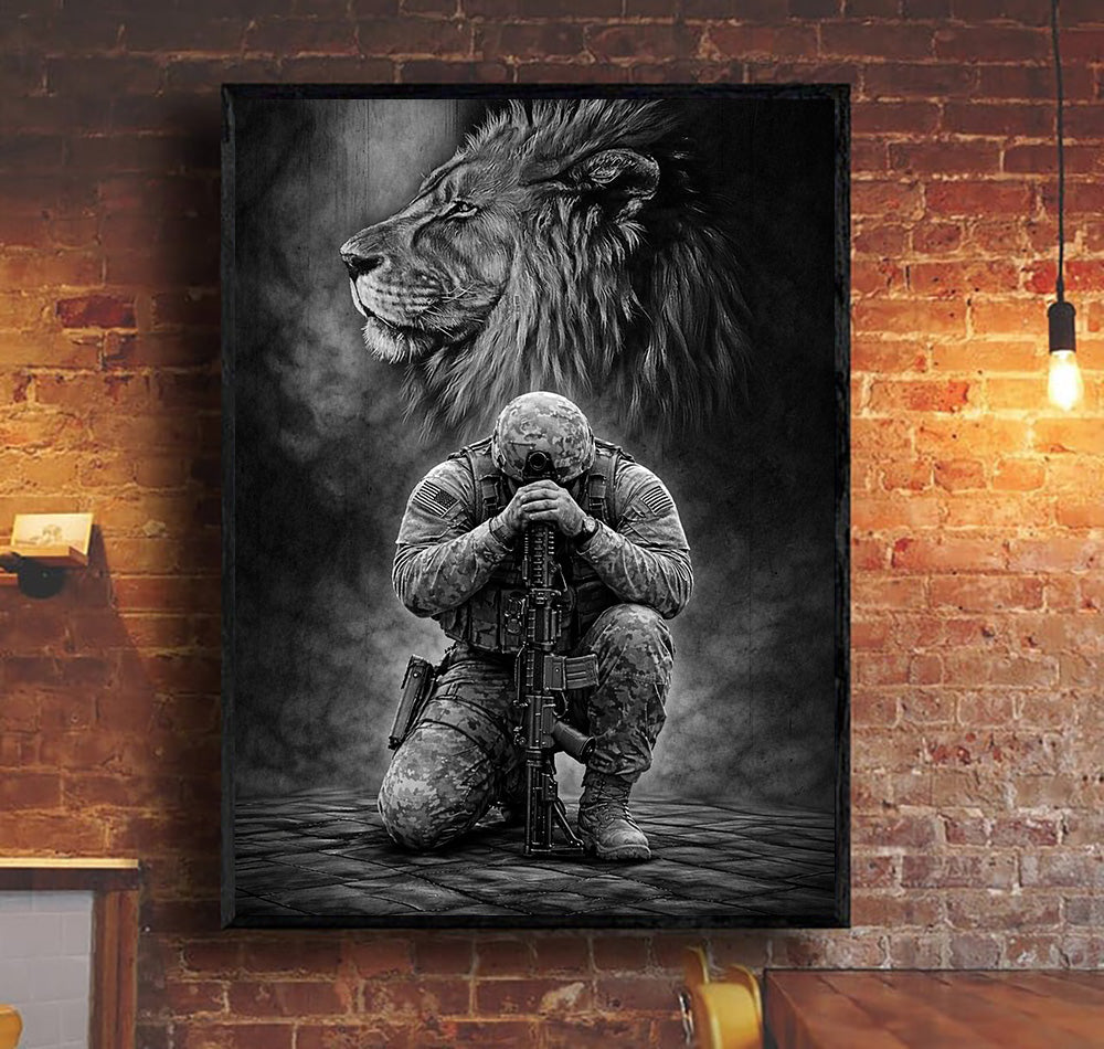 Lion Soldier Wall Art Canvas, Warrior Strength Military Artwork, Veteran Gift for Men, Tactical Lion Canvas, Courage Faith Home Decor