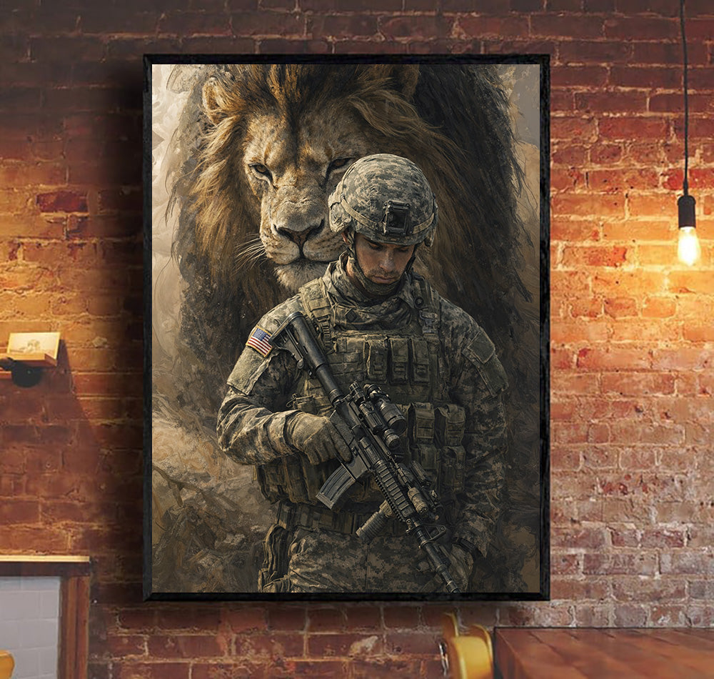 Soldier and Lion Canvas Wall Art, Patriotic Military Decor, Courage Strength Warrior Print, Veteran Gift, Home Artwork Decor