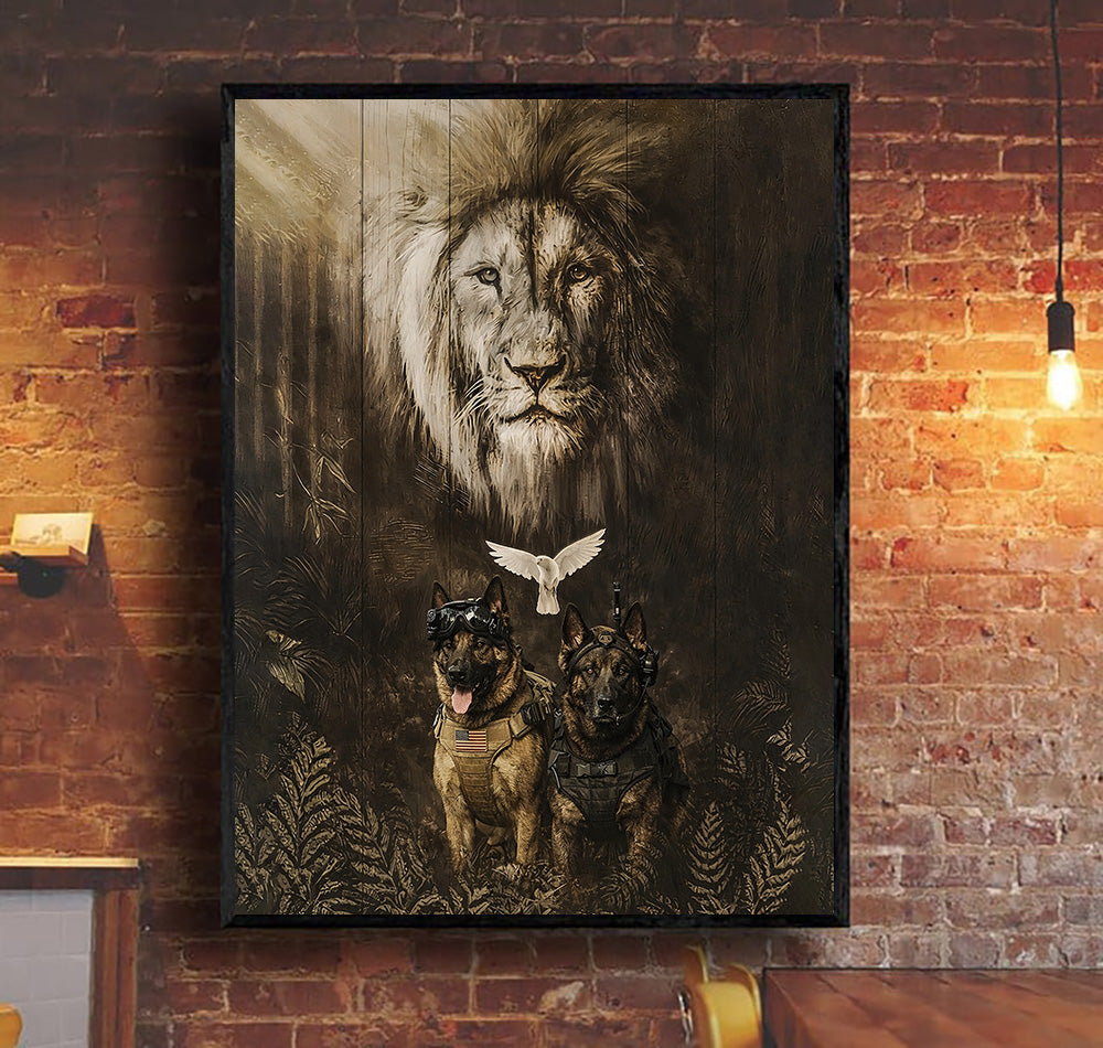Lion and Military Dog Canvas Wall Art, K9 Unit Patriotic Wall Decor, Dog Canvas Print, Veteran Gift, Father's Day Gift for Dog Lovers