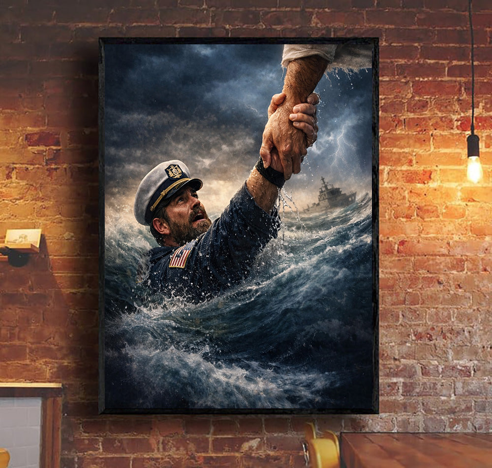 Jesus Saving US Navy Sailor in Storm Canvas Wall Art, Christian Faith Rescue at Sea Painting, Patriotic Military Veteran Wall Decor
