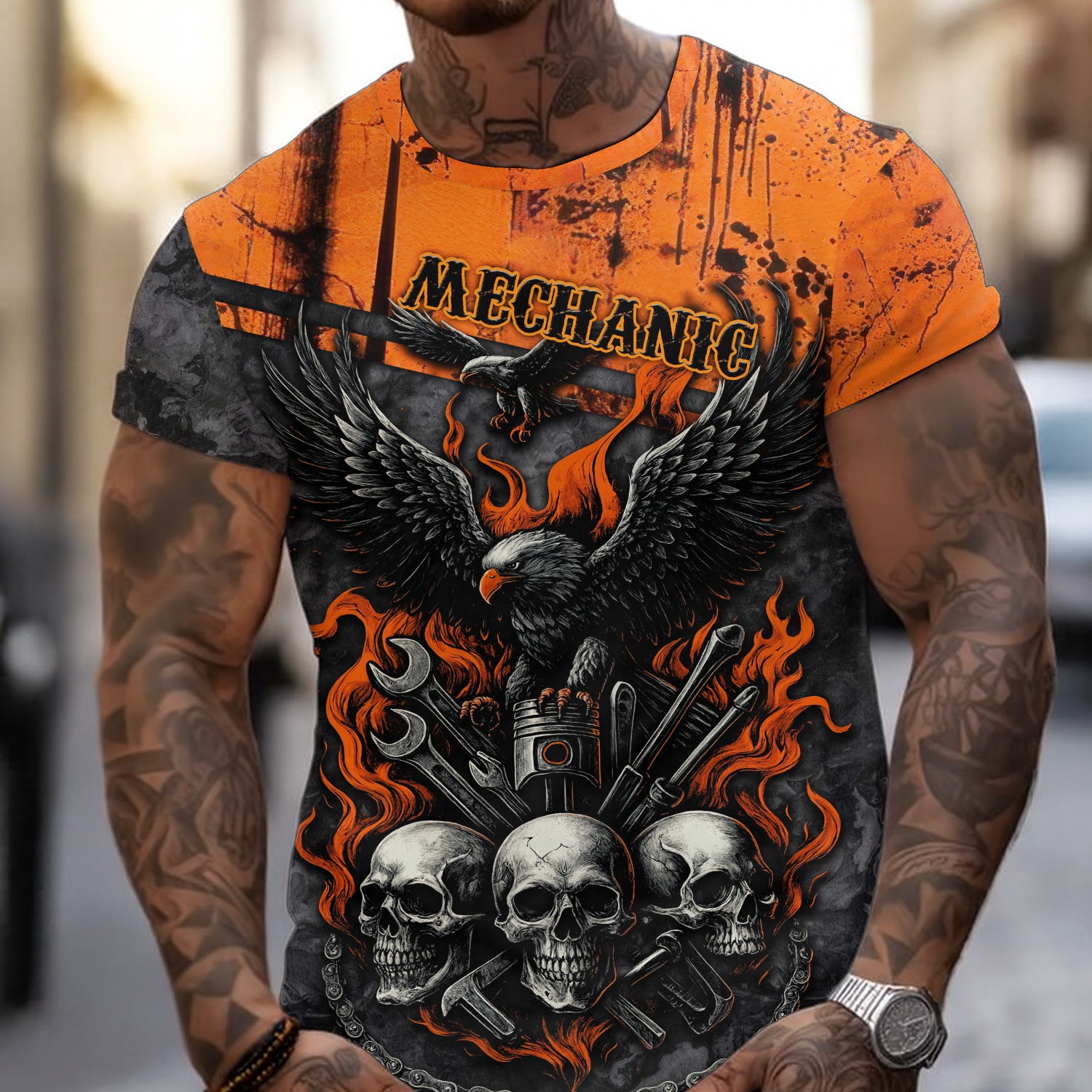 Mechanic Shirt, Eagle Skull Flame Car Repair Workwear, Biker Garage Tool Graphic Tee, Gift for Auto Repair Men