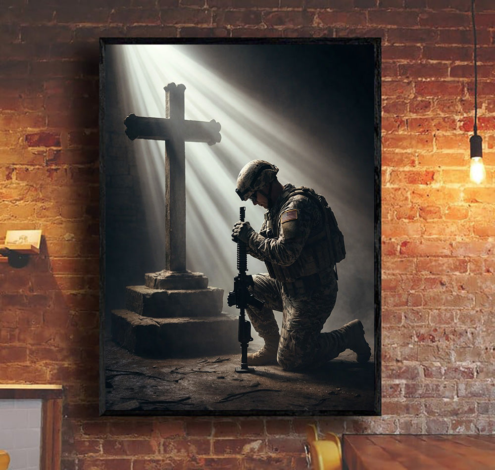 Christian Soldier Prayer Canvas Wall Art Military Cross Light Veteran Memorial Print Faith Decor Patriotic Tribute Gift for Veteran