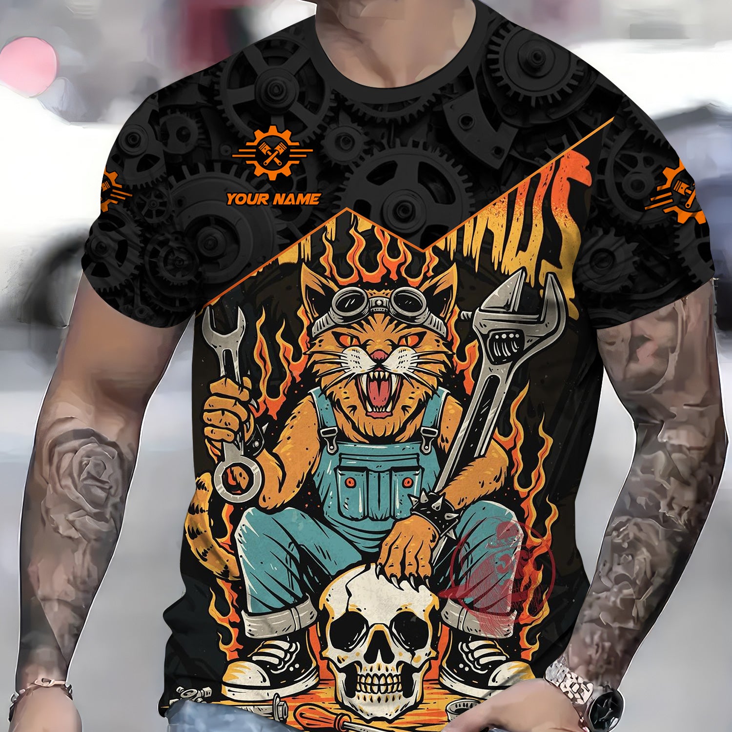 Personalized Mechanic Shirt Custom Name Funny Cat Skull Wrench Flames Auto Repair Garage Workwear Tee Car Repair Shirt Gift For Men Dad