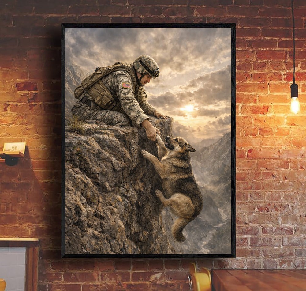 Soldier and Dog Rescue Canvas Wall Art, Military Dog Wall Art, Veteran Patriotic Canvas, Soldier and German Shepherd Poster, Gift for Veteran