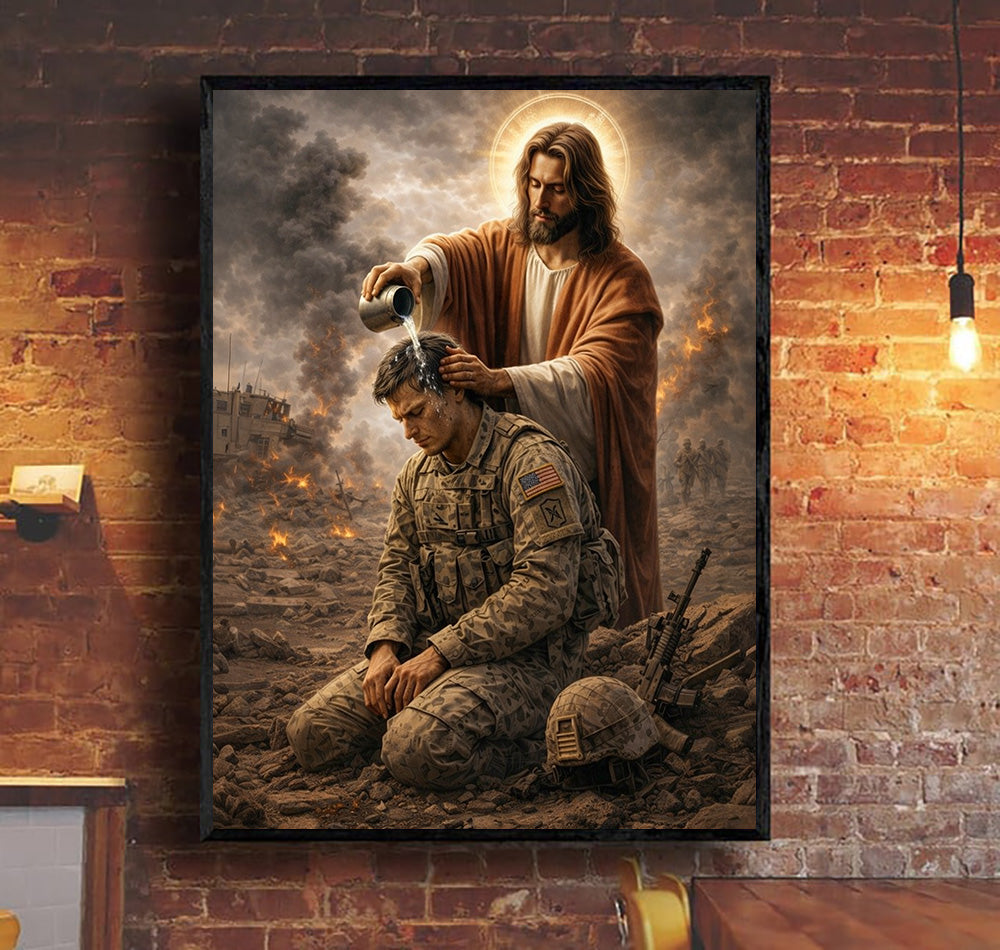 Jesus Blessing Soldier Wall Art Canvas, Christian Military Artwork with Halo Christ, Soldier Kneeling in Battlefield, Faith Wall Decor Gift