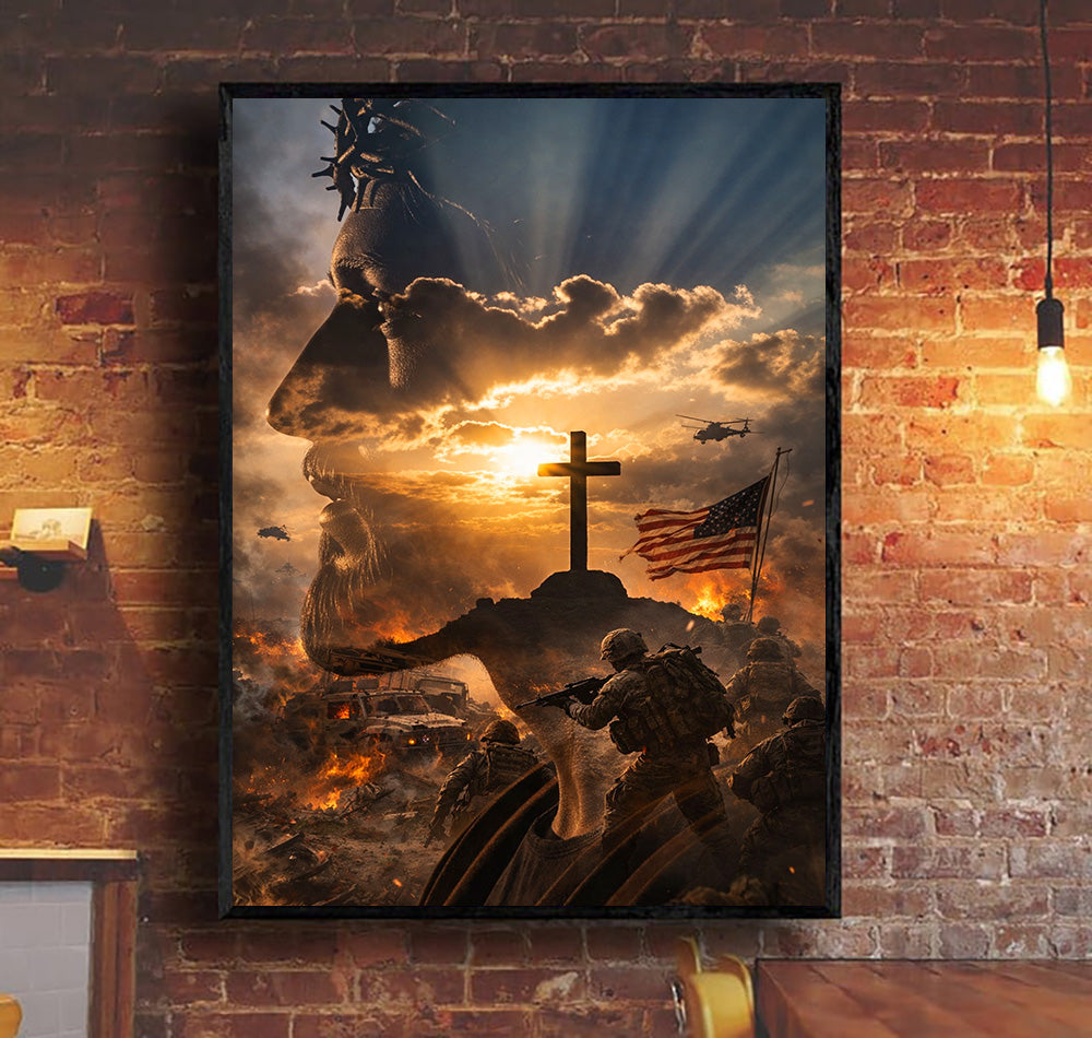 Jesus Christ Battlefield Wall Art, Faith Over War Christian Canvas Print, Soldier Cross Art, Military Christian Decor Gift