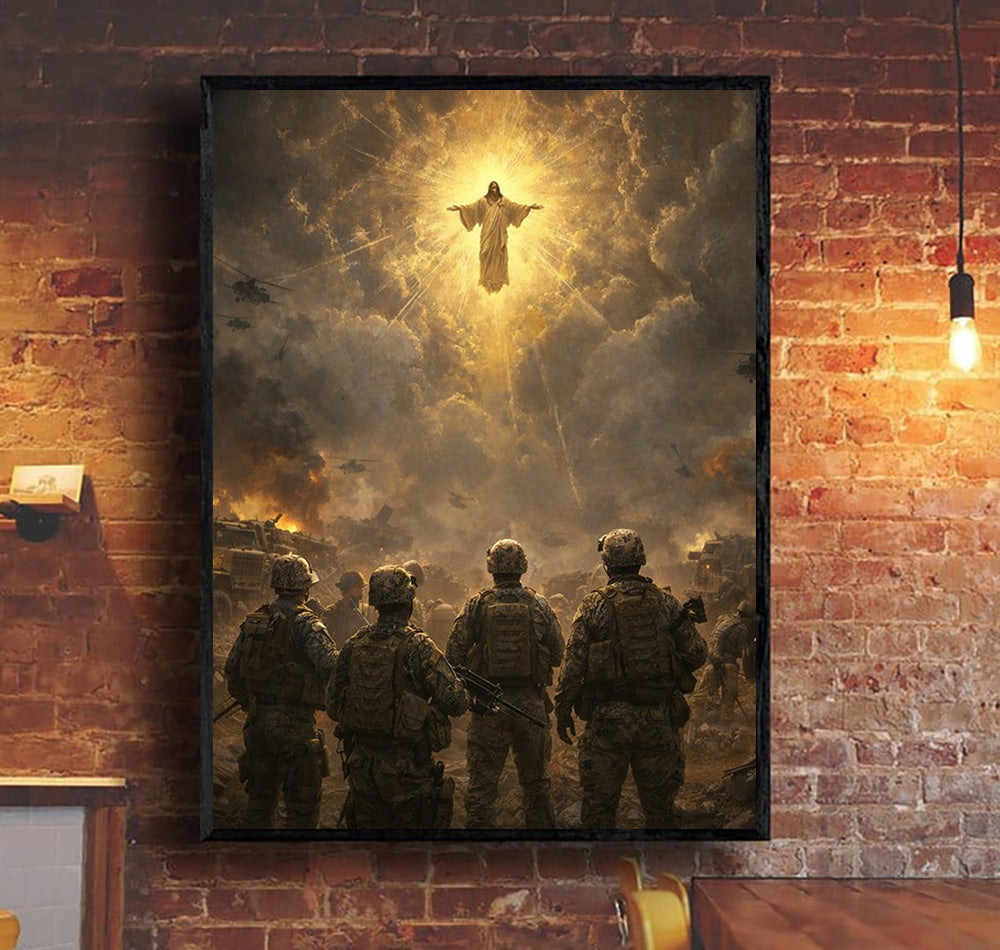 Jesus Protecting Soldiers Wall Art Christian Military Faith Canvas Print Veteran Gift for Men Dad Husband Religious Home Decor