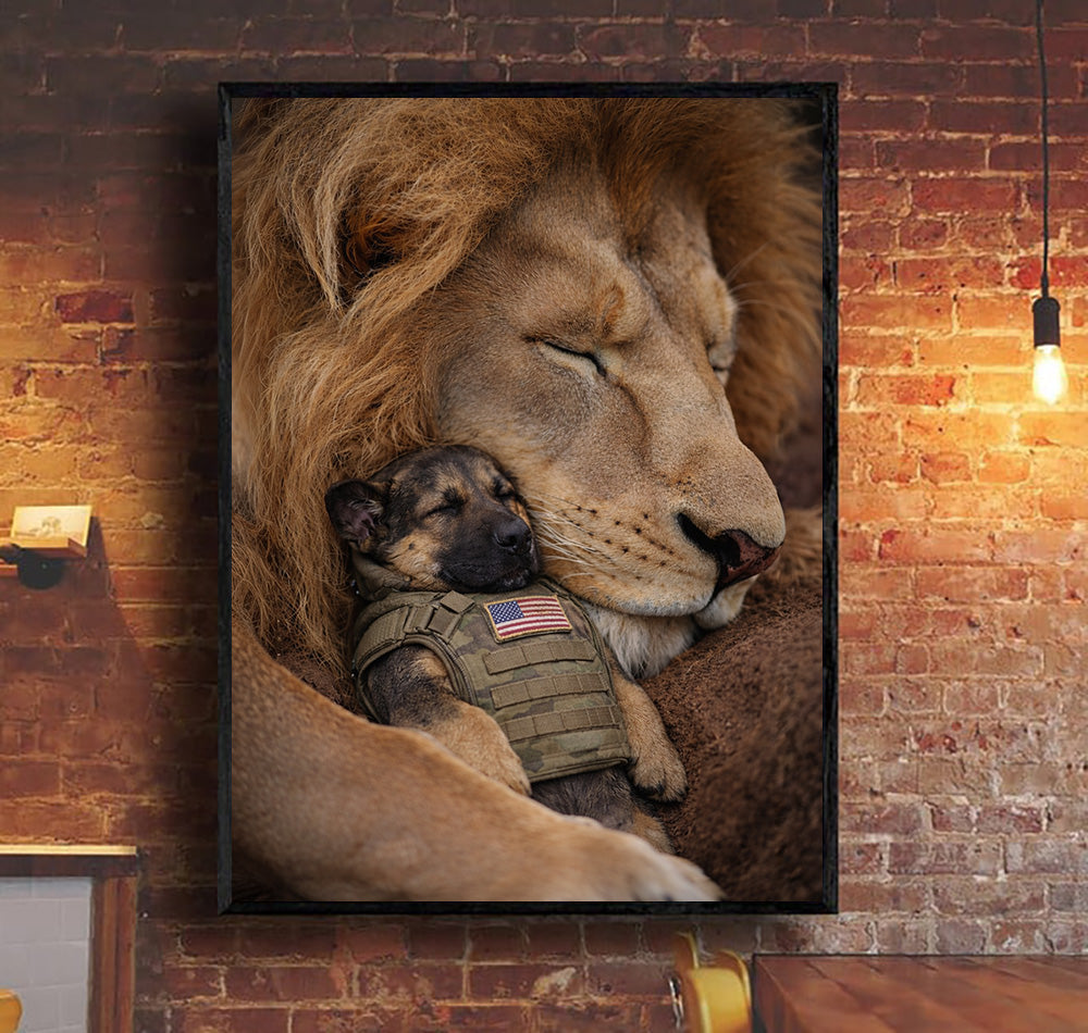 Lion and Military Puppy Wall Art Canvas, Patriotic Dog and Lion Poster, Veteran Tribute Animal Artwork, Guardian Lion Decor, Military Dog Lover Gift