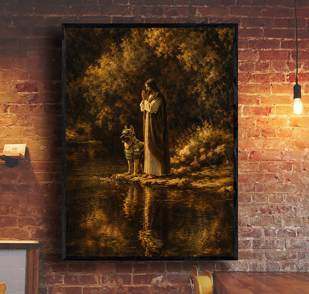 Jesus and Military Dog Prayer Printed Canvas Wall Art Christian Faith Poster Religious Veteran Memorial Gift for Dad Father’s Day Home Decor