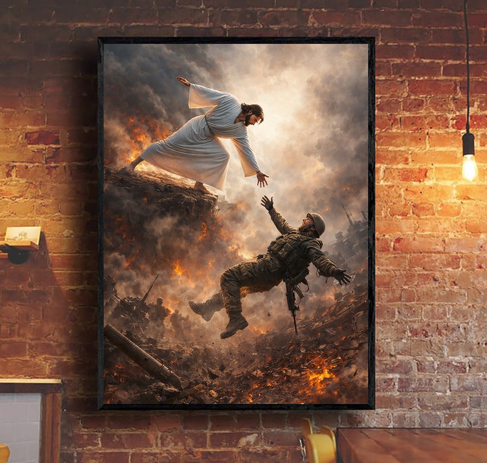Jesus Saving Soldier Canvas, Christian Military Wall Art, Faith in Battle, Religious Wall Decor, Veteran Gift