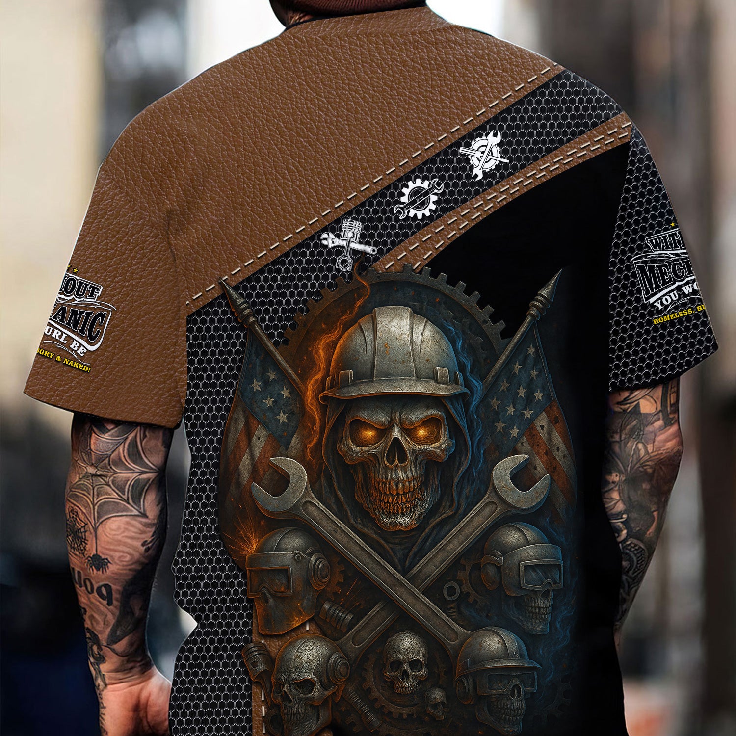 Skull Mechanic T Shirt Without Mechanic You Would Be Homeless Hungry Naked American Flag Auto Repair Garage Workwear Gift For Men Dad