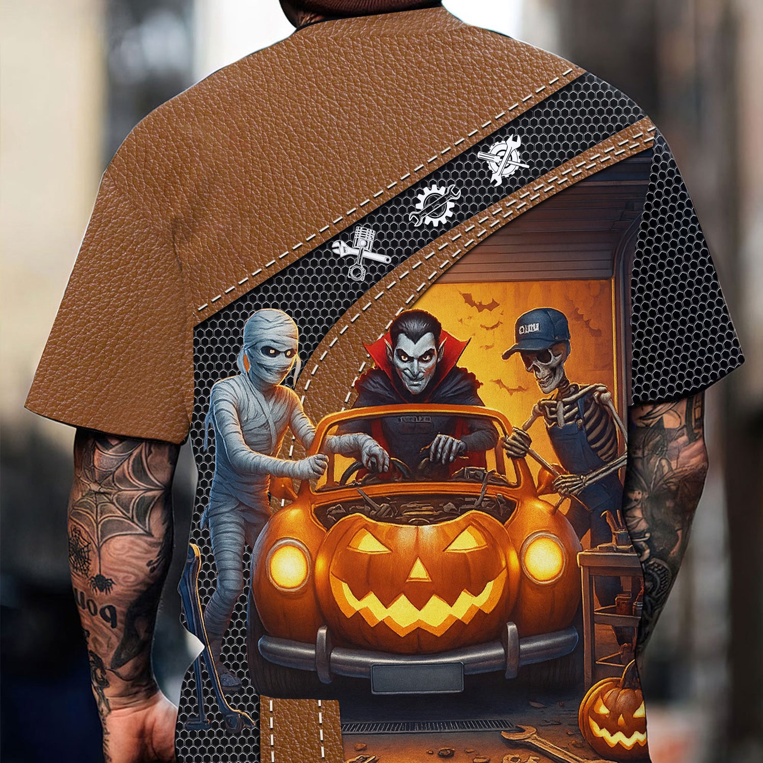 Halloween Mechanic T Shirt Funny Vampire Skeleton Mummy Pumpkin Car Spooky Auto Repair Garage Workwear Tee Gift For Men Women Halloween