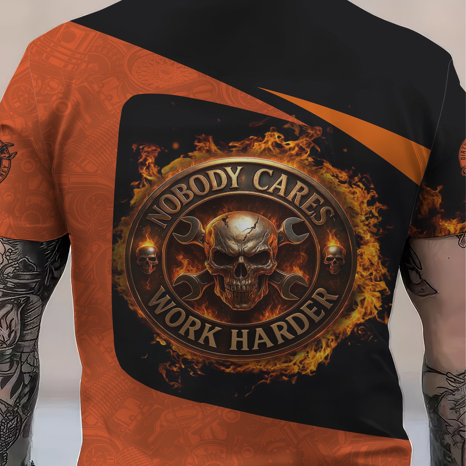 Personalized Mechanic Shirt, Nobody Cares Work Harder, Flame Skull Design, Gift For Men