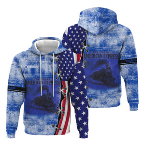 Railspirit Personalized Long Island Railroad Hoodie Retro American Express Train With USA Flag Zip Up Hoodie