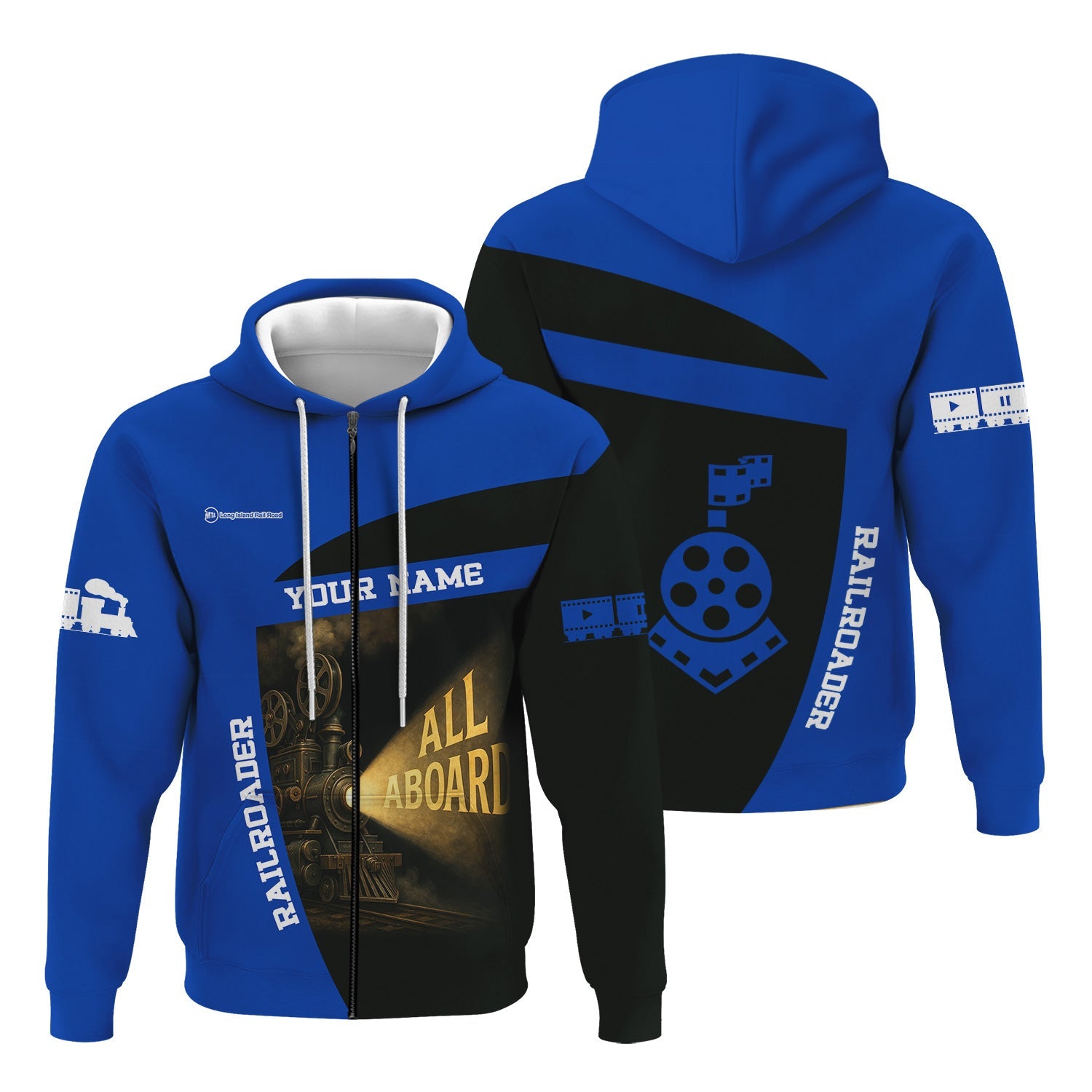 Railspirit Personalized Long Island Railroad Hoodie All Aboard Steam Train Movie Projector Style Zip Up Hoodie