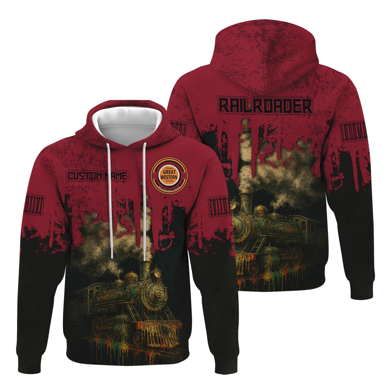 Railspirit Personalized Chicago Great Western Railroad Hoodie Vintage Train Art Style Zip Up Hoodie For Locomotive Fans